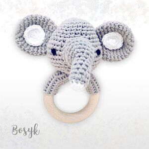 NEW - Rattle Bell Crochet Amigurumi Elephant - Teether Pacifier Clips Elephant